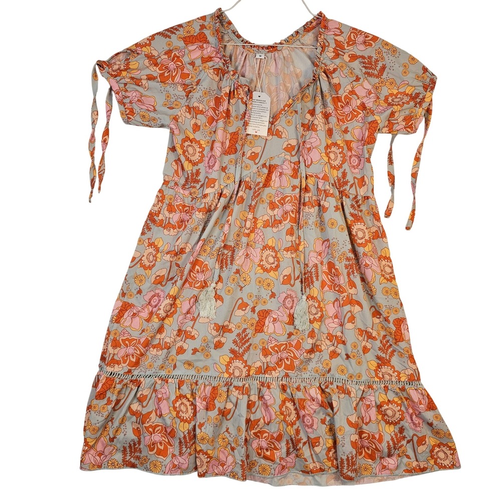 Made With Love Floral Mini Dress Orange Blue Tassel Boho Babydoll Medium NWT